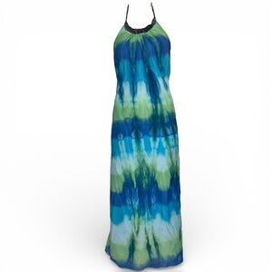 Y2k Tropical Tie Die Wooden Beaded Halter Maxi Dress